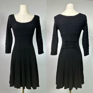 Orna Farho Little Black Dress Fitted Stretchy Sz 1/ XS  Coquette Witchy Ballet